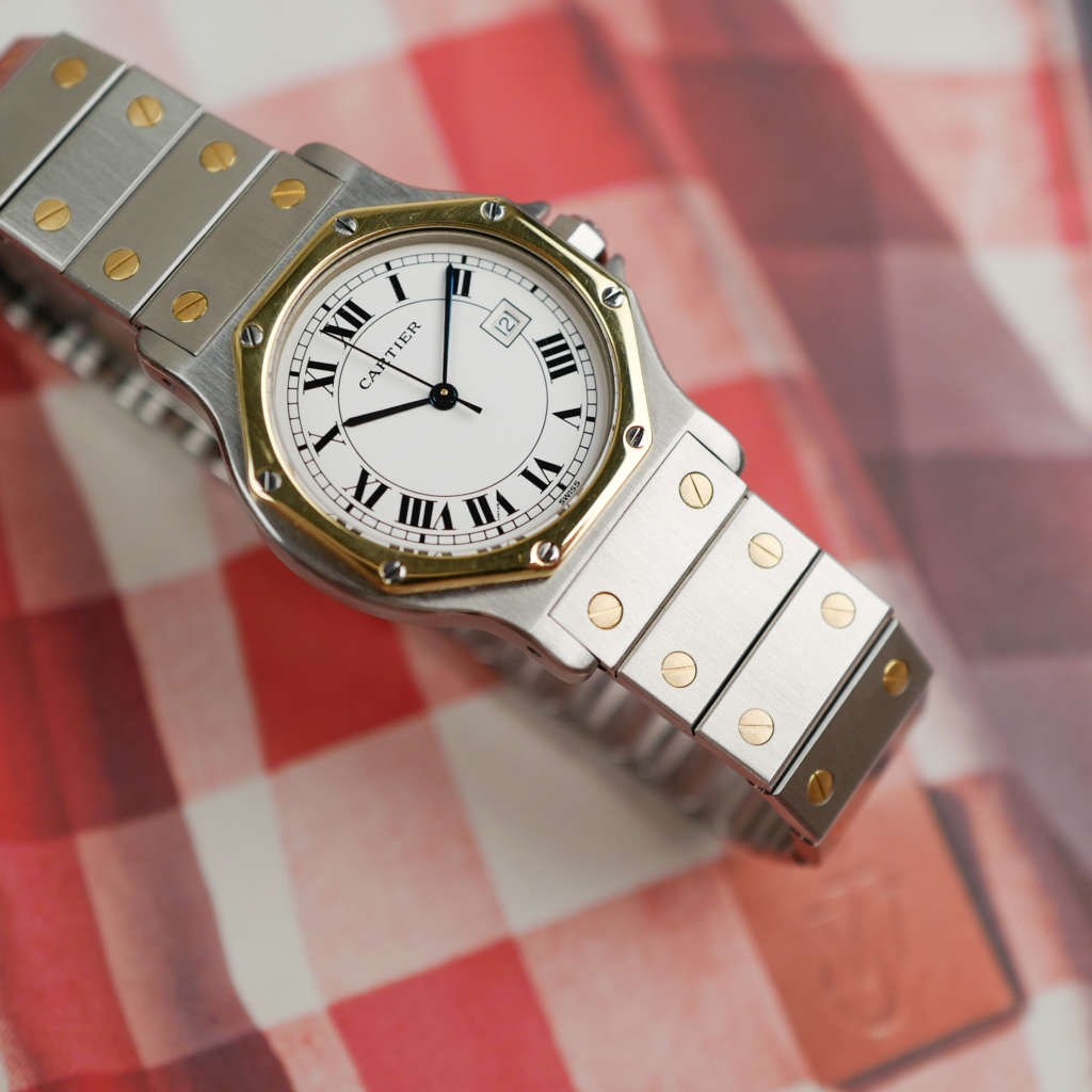 cafe noir montres horloger marseille boite papiers service full set Cartier Santos octogonale GM or et acier réf 2966 bicolore vintage 1990