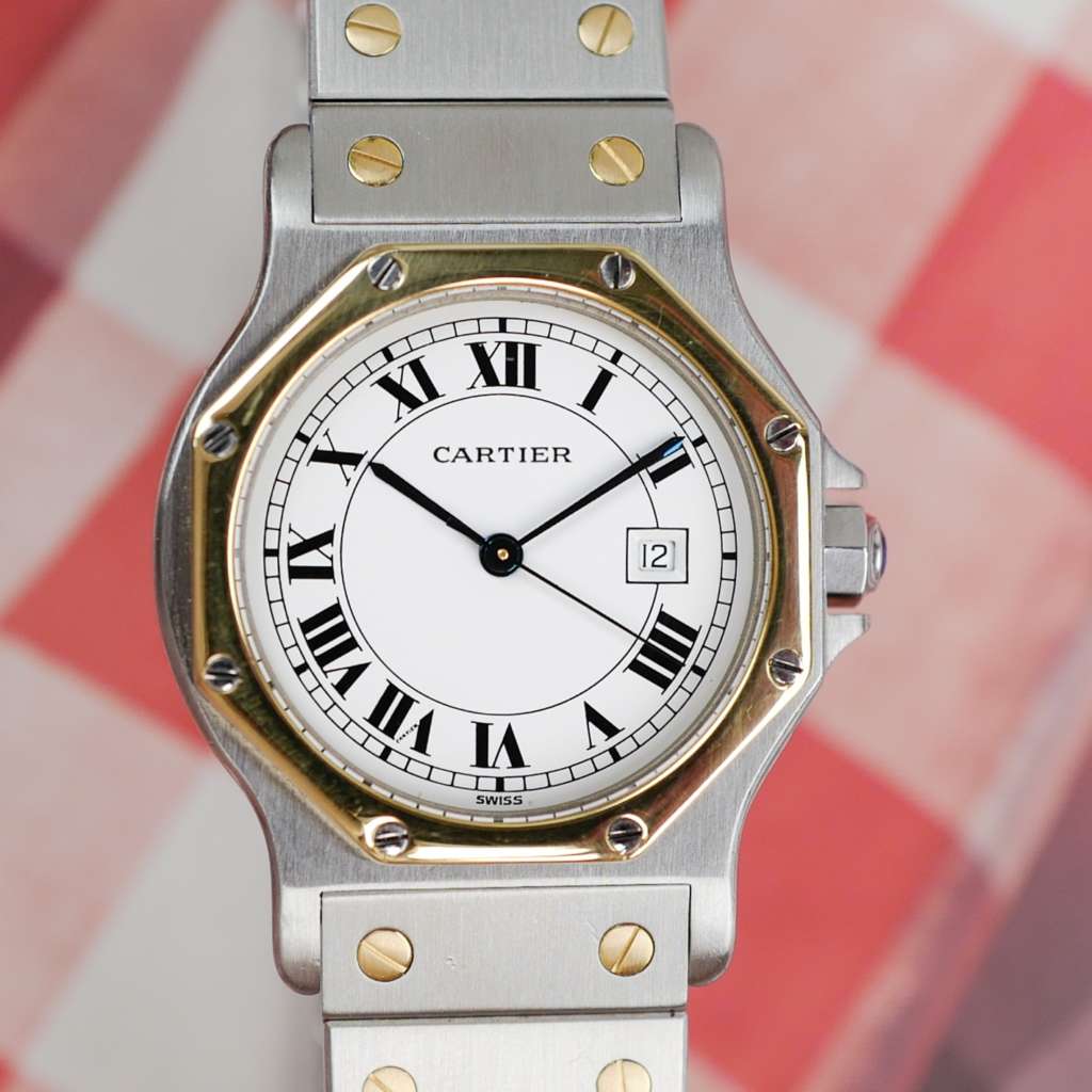 cafe noir montres horloger marseille boite papiers service full set Cartier Santos octogonale GM or et acier réf 2966 bicolore vintage 1990