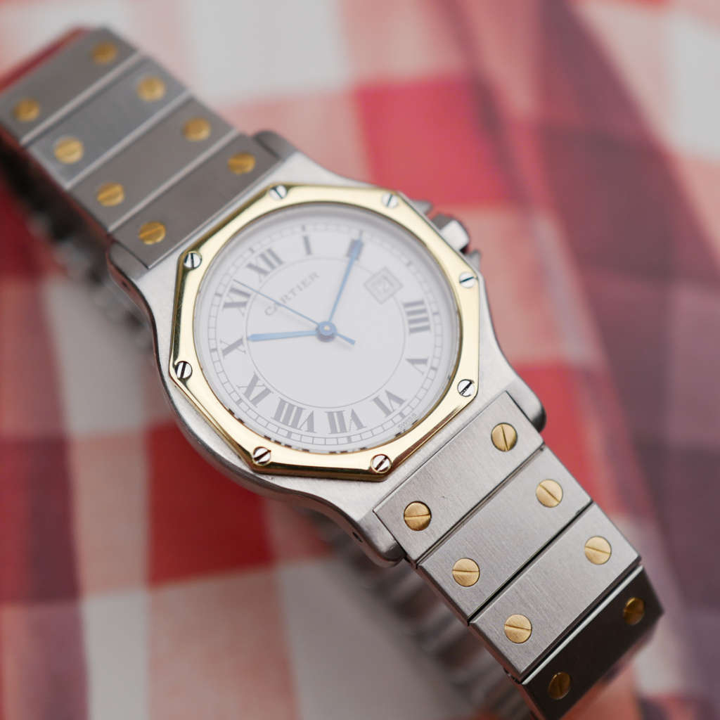 cafe noir montres horloger marseille boite papiers service full set Cartier Santos octogonale GM or et acier réf 2966 bicolore vintage 1990