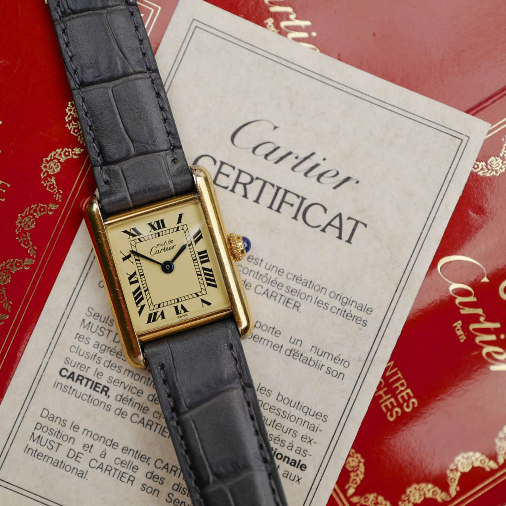 cafe noir montres horloger marseille cartier tank must mécanique pour femme vermeil petit modèle or chiffres romains bracelet vert full set