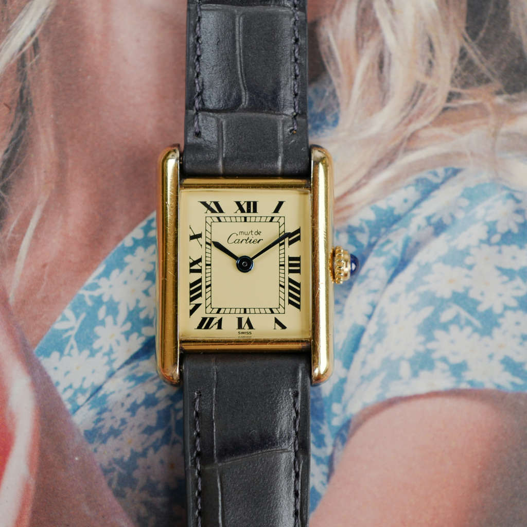 cafe noir montres horloger marseille cartier tank must mécanique pour femme vermeil petit modèle or chiffres romains bracelet vert full set