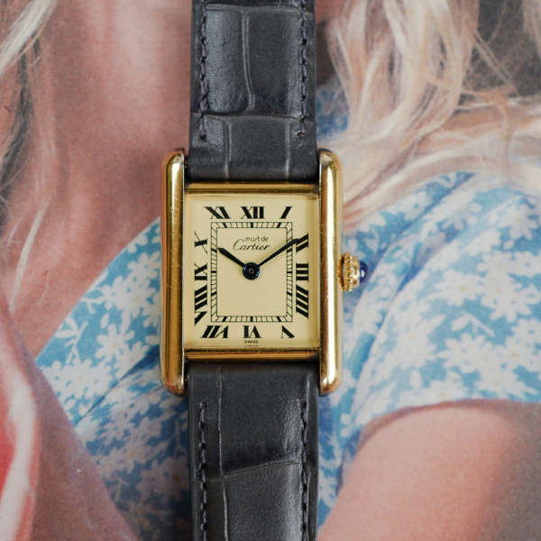 cafe noir montres horloger marseille cartier tank must mécanique pour femme vermeil petit modèle or chiffres romains bracelet vert full set