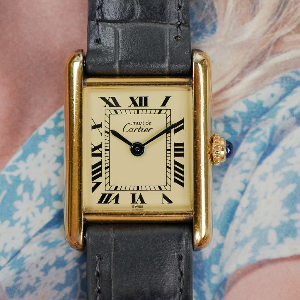 cafe noir montres horloger marseille cartier tank must mécanique pour femme vermeil petit modèle or chiffres romains bracelet vert full set