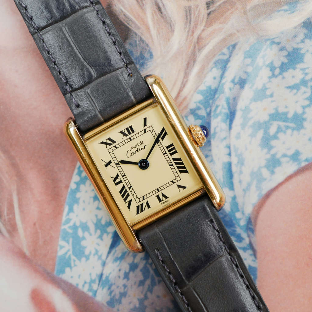 cafe noir montres horloger marseille cartier tank must mécanique pour femme vermeil petit modèle or chiffres romains bracelet vert full set