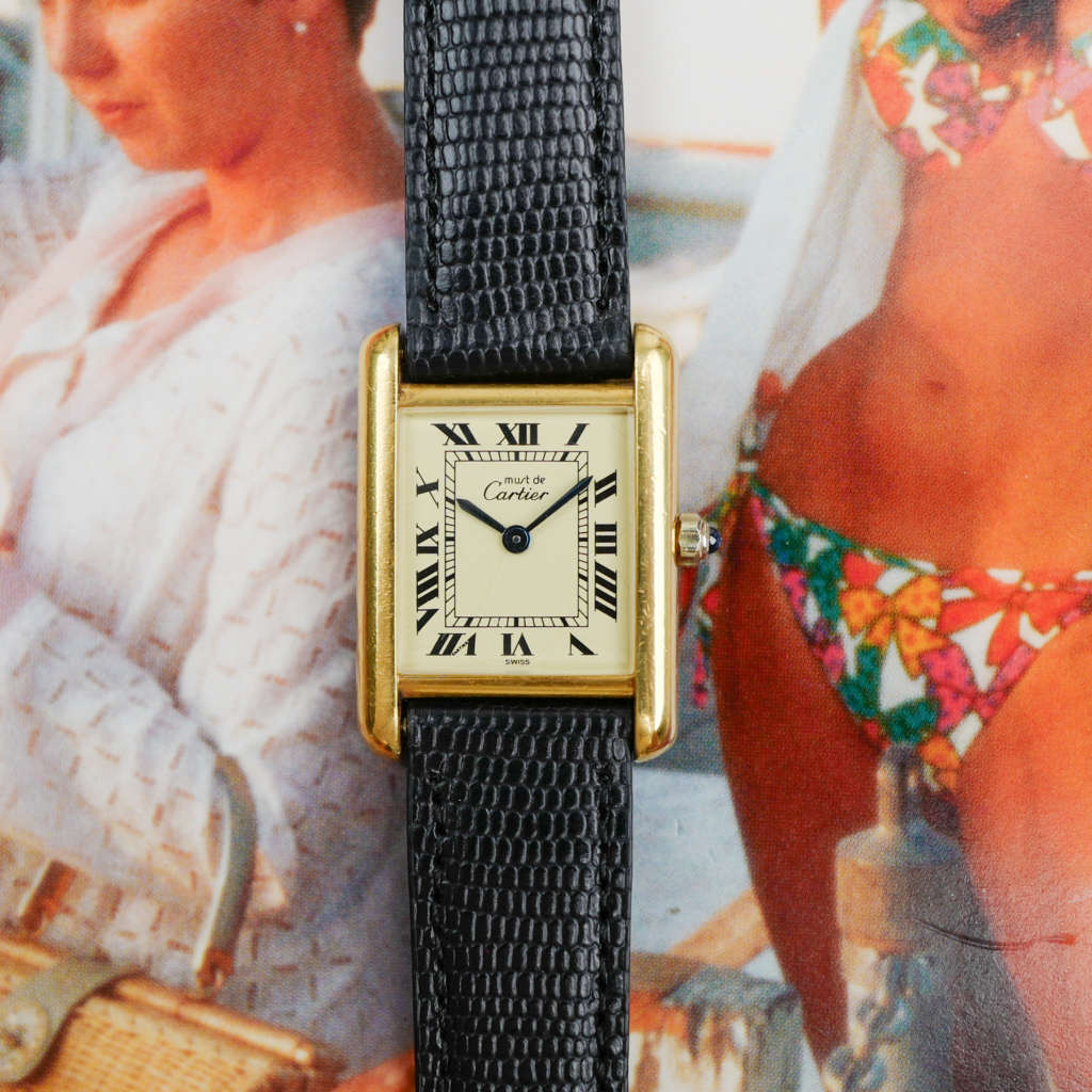 cafe noir montres horloger marseille cartier tank must mécanique pour femme vermeil petit modèle or chiffres romains bracelet vert_2