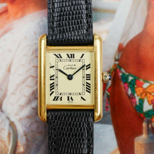cafe noir montres horloger marseille cartier tank must mécanique pour femme vermeil petit modèle or chiffres romains bracelet vert