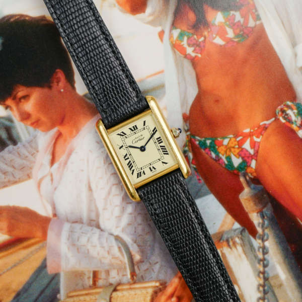 cafe noir montres horloger marseille cartier tank must mécanique pour femme vermeil petit modèle or chiffres romains bracelet vert