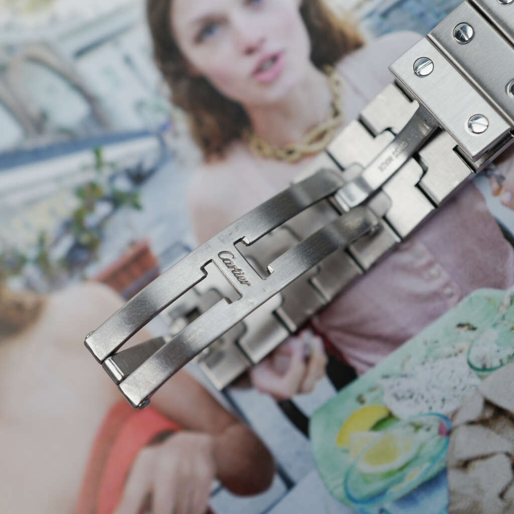 cafe noir les montres horloger marseille cartier santos acier automatique 2960 cadran blanc grand modèle automatique full set papiers boite 1980