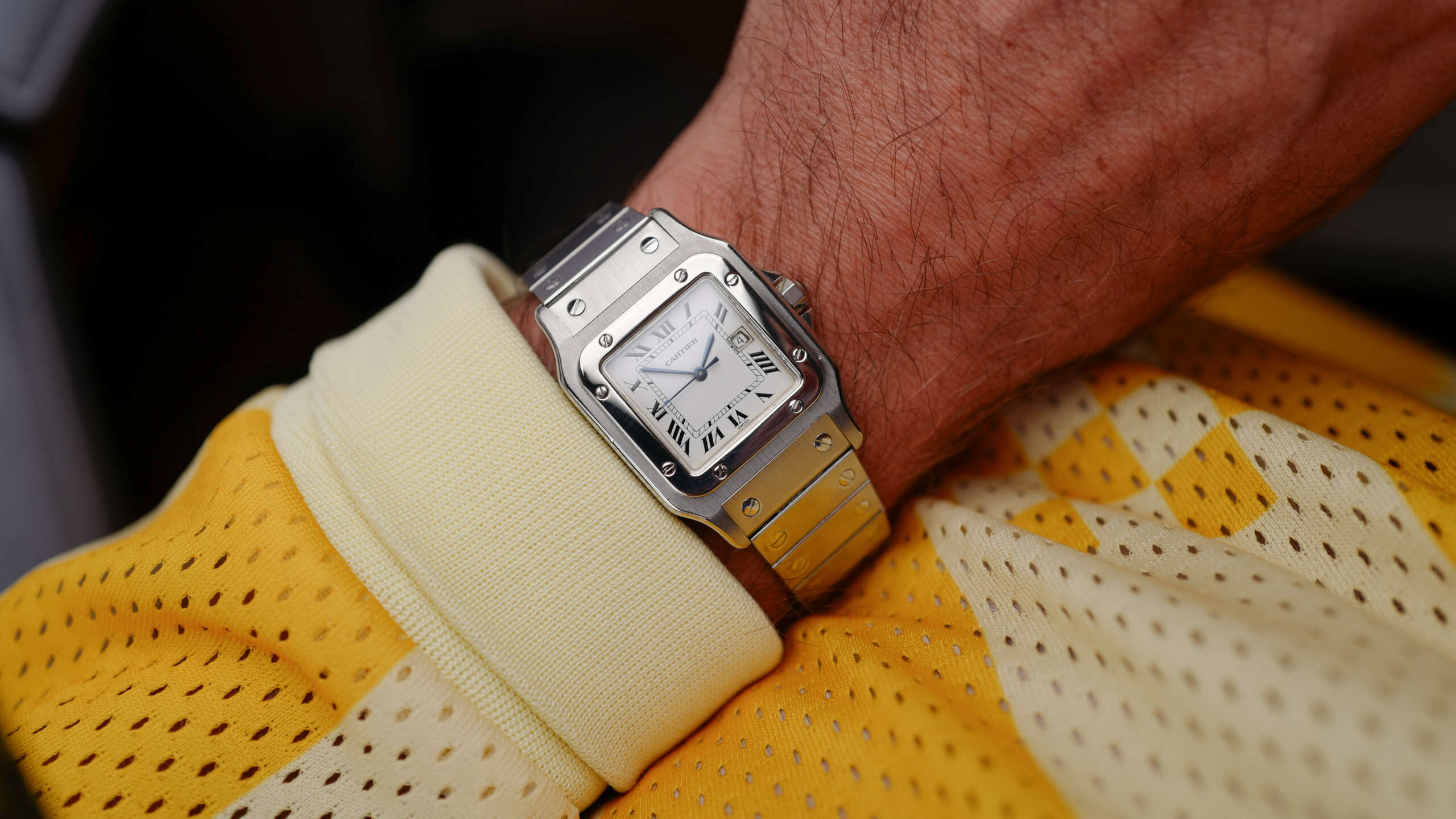 cafe noir les montres horloger marseille cartier santos acier automatique 2960 cadran blanc grand modèle automatique full set papiers boite 1980