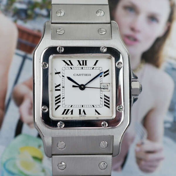 cafe noir les montres horloger marseille cartier santos acier automatique 2960 cadran blanc grand modèle automatique full set papiers boite 1980