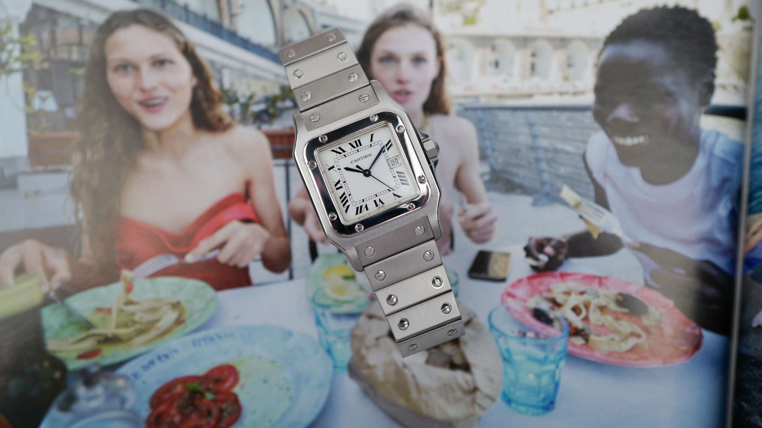 cafe noir les montres horloger marseille cartier santos acier automatique 2960 cadran blanc grand modèle automatique full set papiers boite 1980