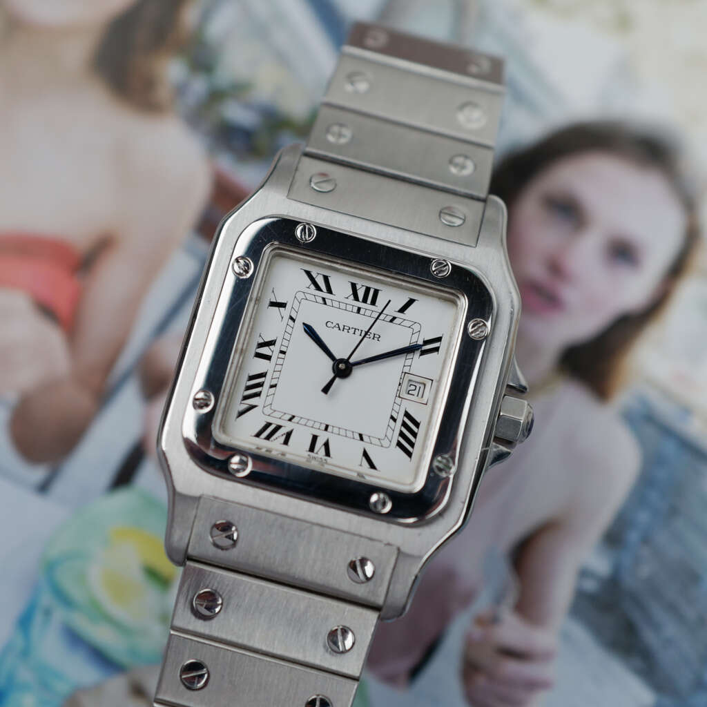 cafe noir les montres horloger marseille cartier santos acier automatique 2960 cadran blanc grand modèle automatique full set papiers boite 1980