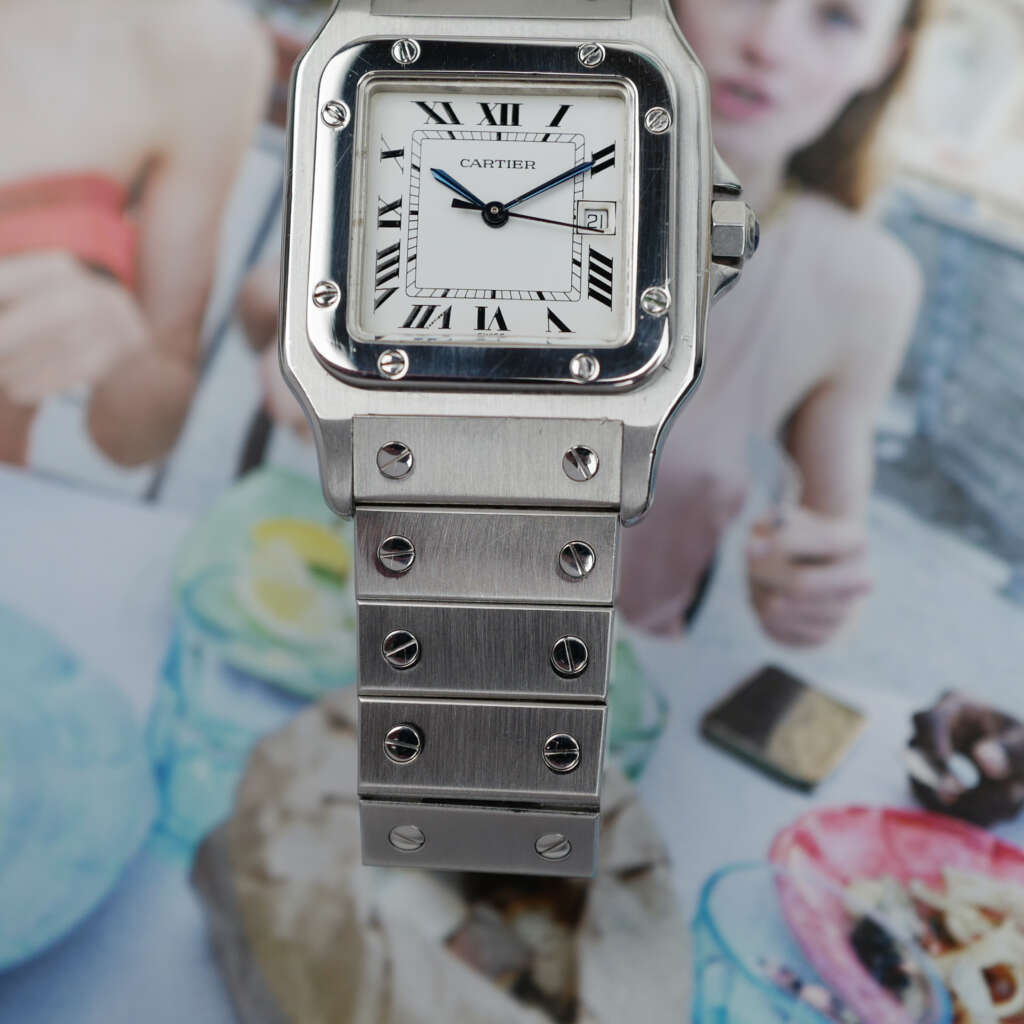 cafe noir les montres horloger marseille cartier santos acier automatique 2960 cadran blanc grand modèle automatique full set papiers boite 1980