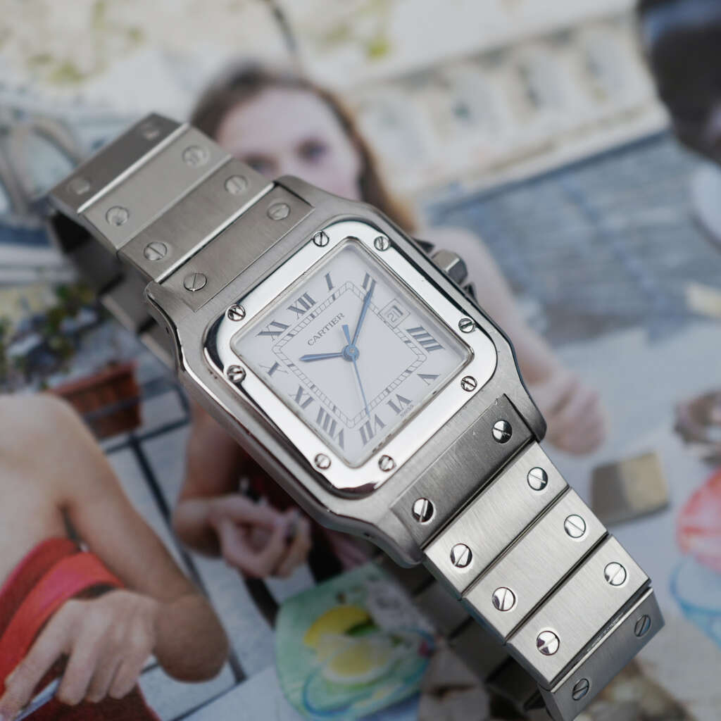 cafe noir les montres horloger marseille cartier santos acier automatique 2960 cadran blanc grand modèle automatique full set papiers boite 1980