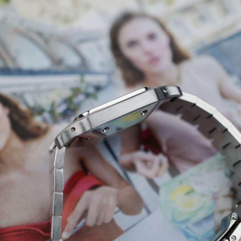 cafe noir les montres horloger marseille cartier santos acier automatique 2960 cadran blanc grand modèle automatique full set papiers boite 1980