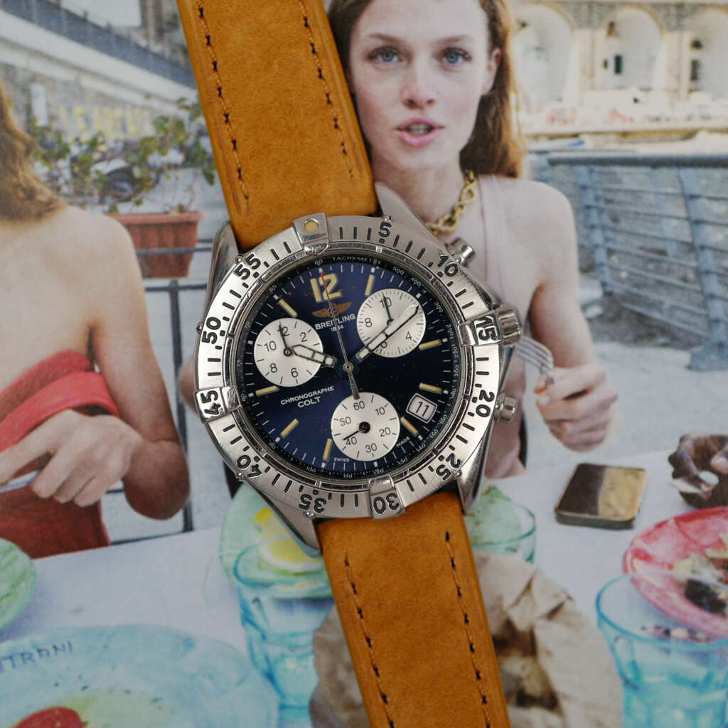 cafe-noir-montre-vintage-marseille-horloger-breitling-colt-chronograph-a53035-bleu-1990