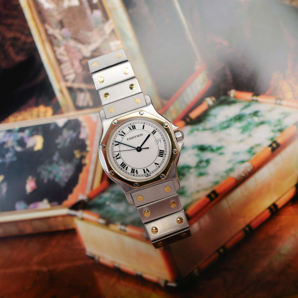 cafe-noir-montre-vintage-marseille-horloger-cartier-santos-octogonale-quartz-bicolore-1990