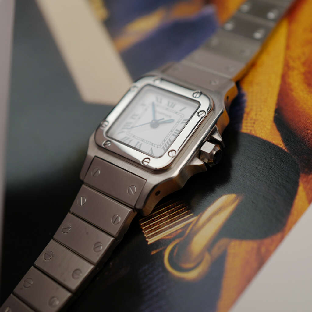 cafe-noir-montre-vintage-marseille-horloger-cartier-santos-galbee-petit-modele-acier-automatique-1990