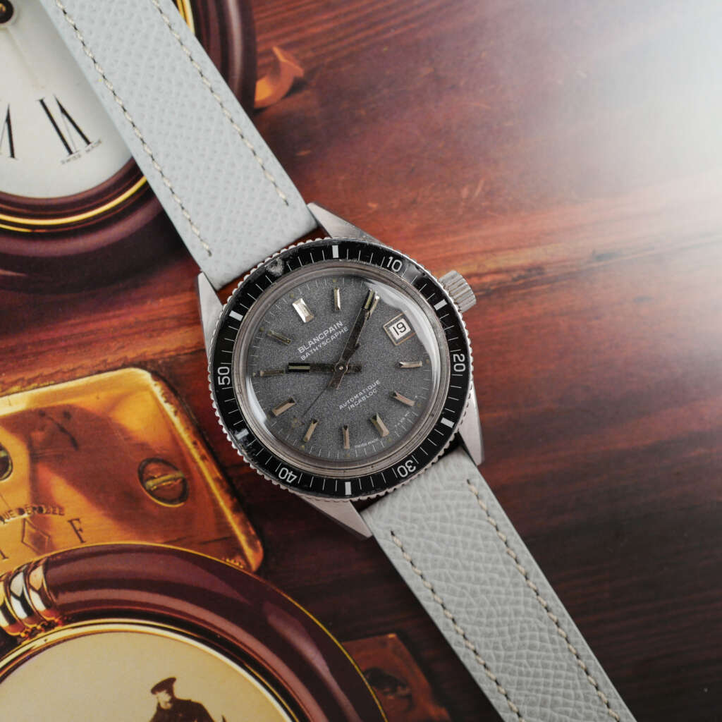 cafe-noir-montre-vintage-marseille-horloger-blancpain-bathyscaphe-37mm-cadran-gris-tritium