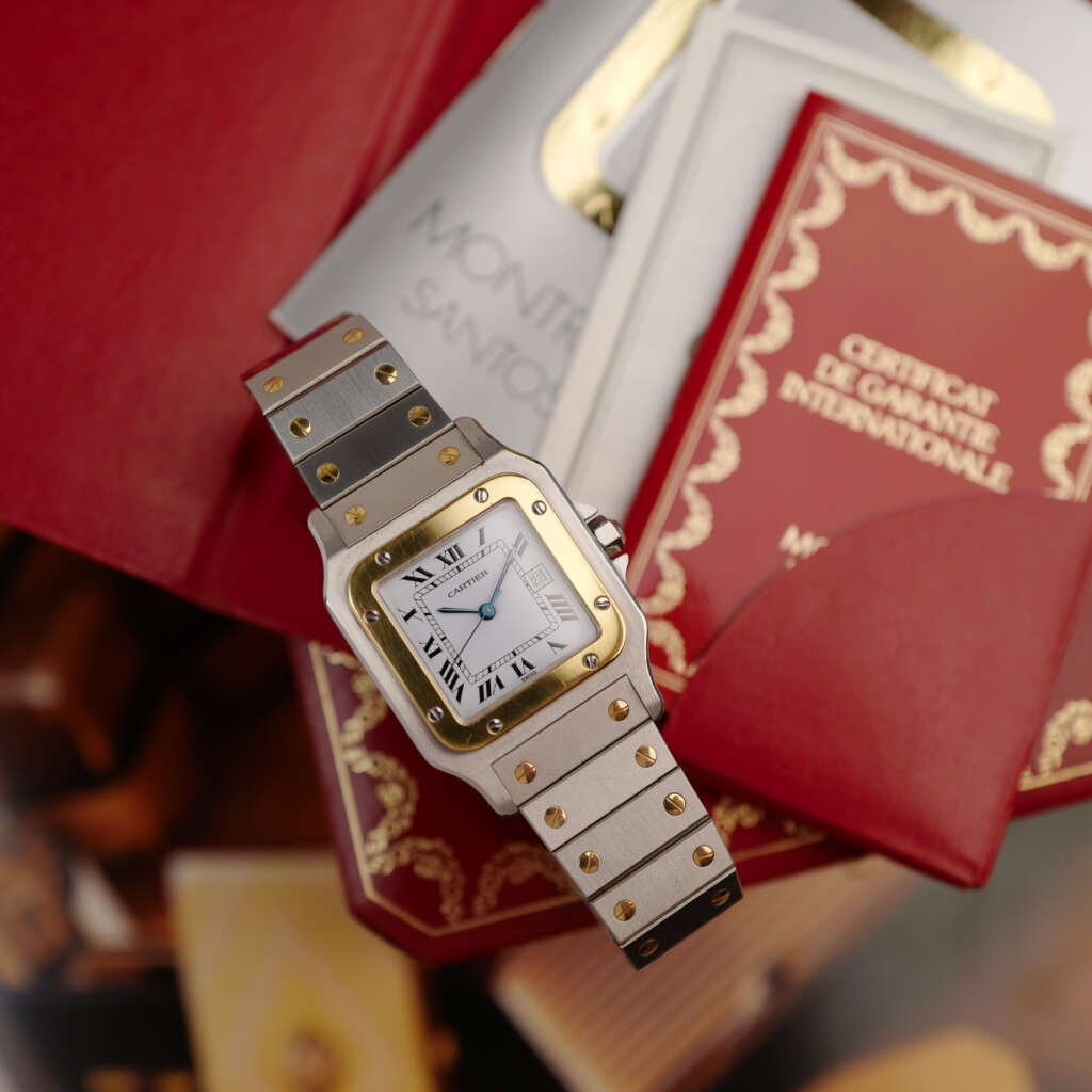 cafe-noir-montre-vintage-marseille-horloger-cartier-santos-homme-or-acier-full-set