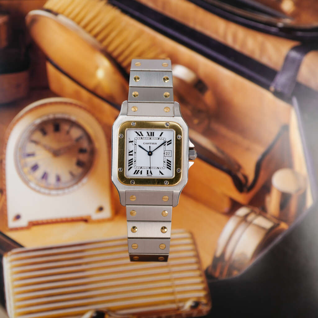 cafe-noir-montre-vintage-marseille-horloger-cartier-santos-homme-or-acier-full-set